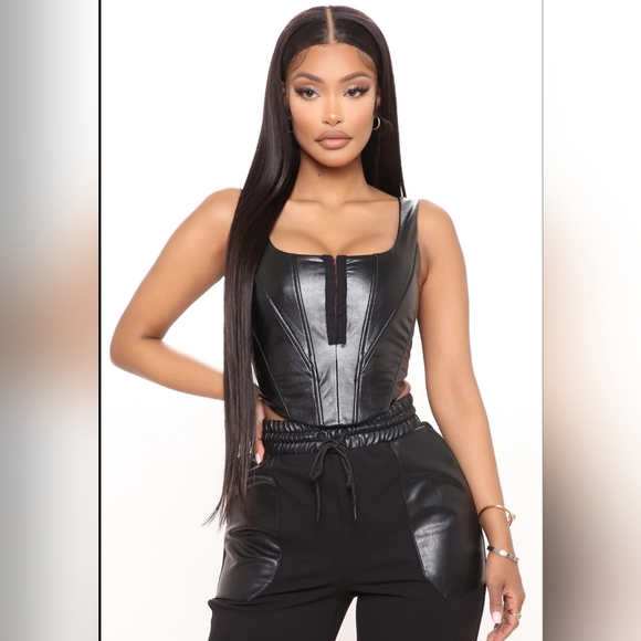 Fashion Nova Tops - Fashion Nova Bae For The Day Vegan Leather Hook And Eye Corset Crop Top